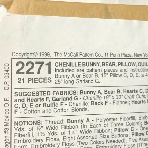 Baby Nursery Sewing Pattern McCall's 2271 Hearts Quilt Bear Pillow 1999 - Picture 3 of 4